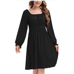 NEW Puff Sleeve Dress Swing Casual Square Neck  Flowy Elastic Waist A-Line S